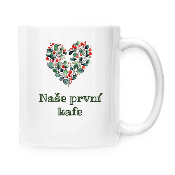 Hrnek malý bílý s potiskem Naše první kafe